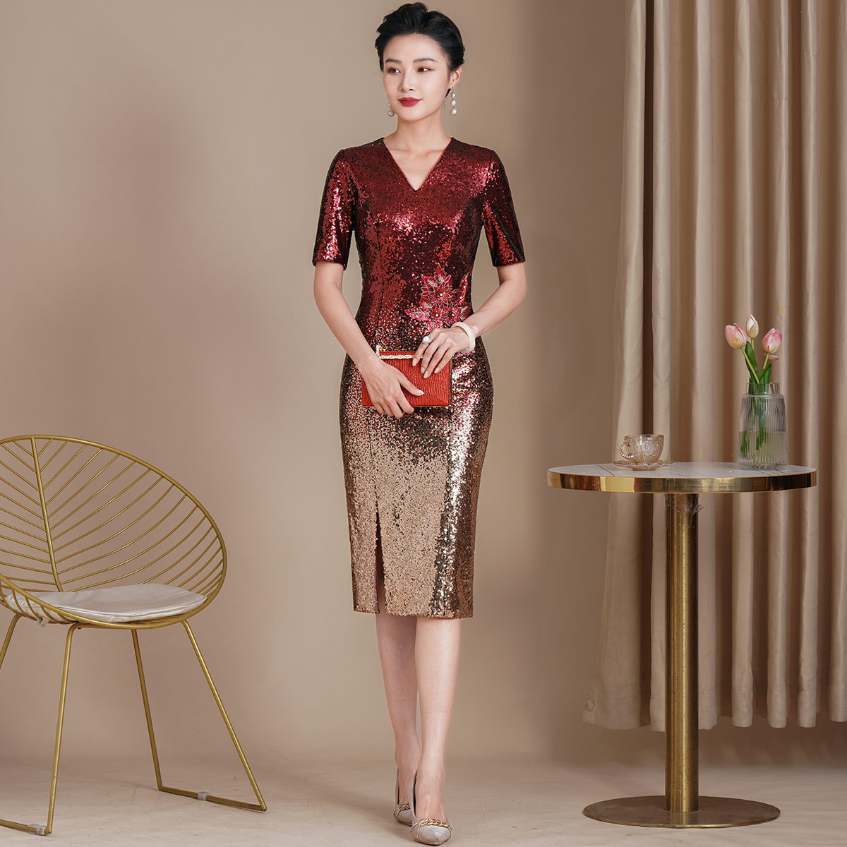 高档洋气气质显年轻婚宴妈妈礼服时尚夏季喜婆婆优雅宴会连衣裙