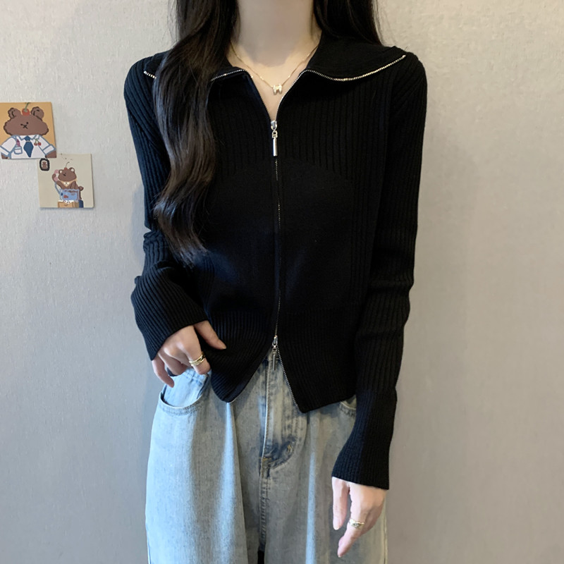 大码遮肚子双拉链长袖针织衫上衣女春秋新款胖MM显瘦百搭毛衣外套