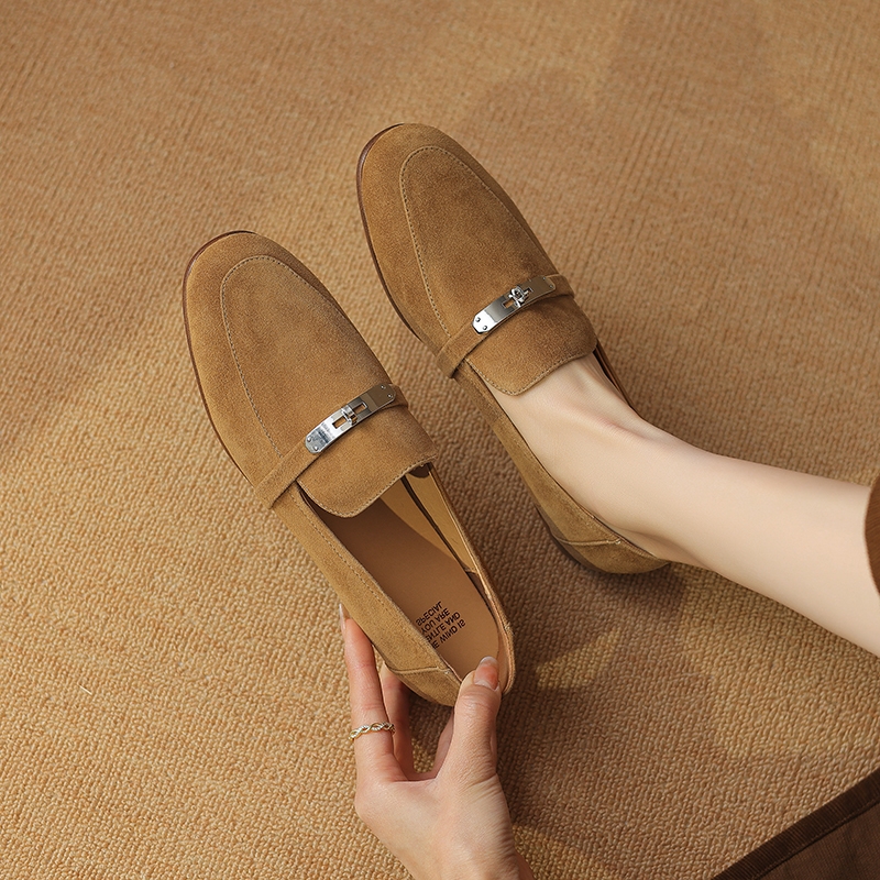 真皮平底圆头粗跟乐福鞋羊皮休闲小皮鞋翻毛皮单鞋2025春季新款女