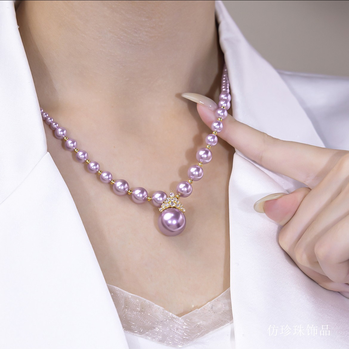 铜合金仿珍珠项链 正圆无暇妈妈气质王妃项链饰品紫色颈链锁骨链