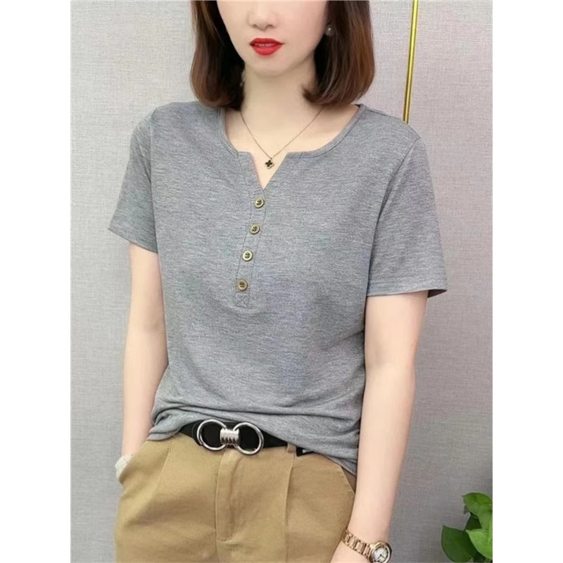 夏季v领短袖t恤女士2025年新款时尚洋气减龄纽扣遮肚子显瘦上衣女