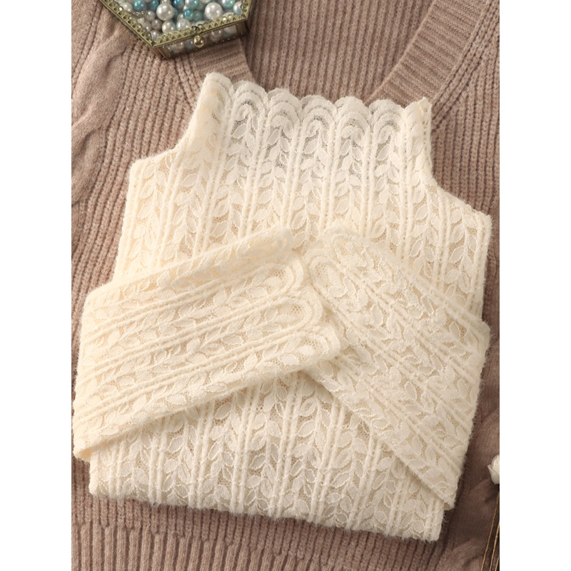 半高领磨毛蕾丝打底衫女加绒2024秋冬新款洋气内搭小衫网纱上衣女