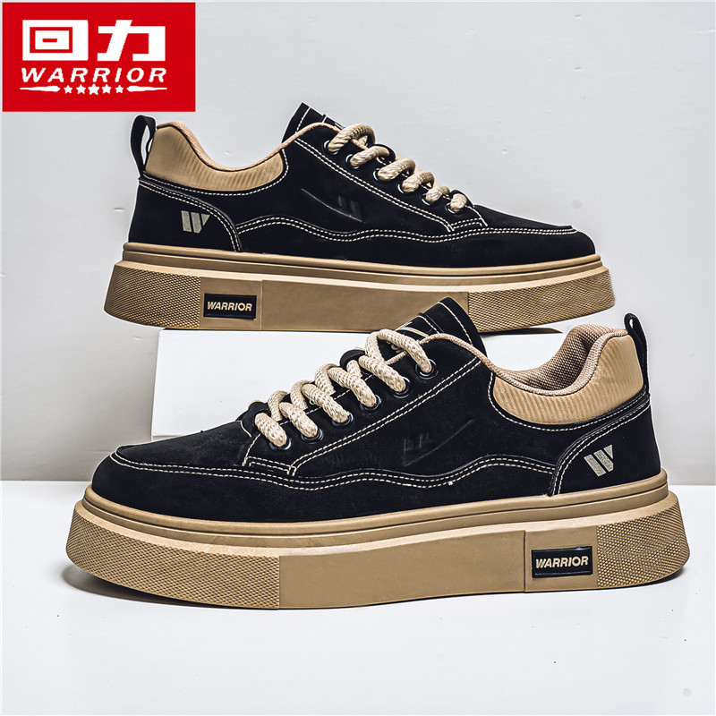 回力休闲板鞋黑色男鞋秋季新款皮面厚底防滑厨师鞋上班工作鞋潮鞋