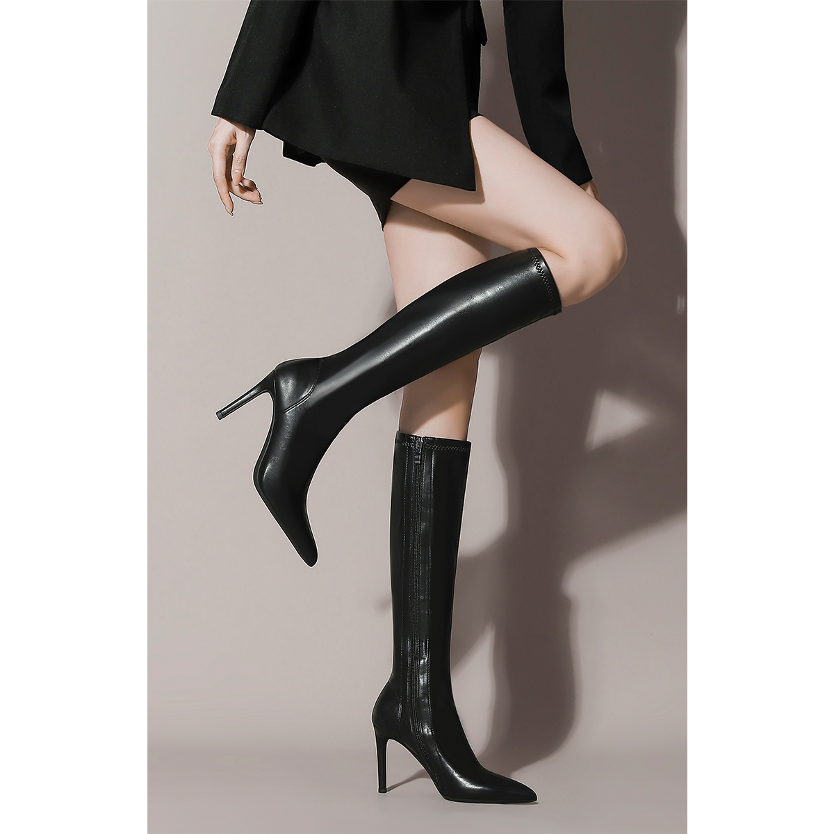 尖头高跟长靴女细跟高筒靴子长筒靴女骑士靴黑色2024高跟鞋女
