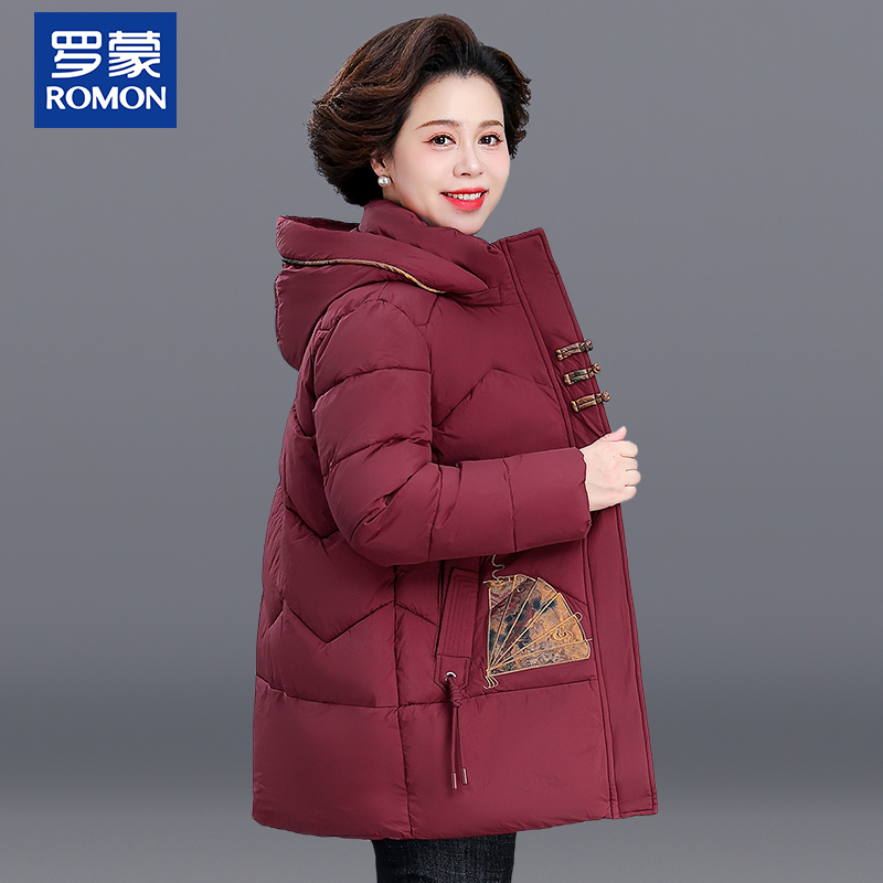 罗蒙妈妈冬装加厚保暖棉服外套新款女装中老年中长款连帽刺绣棉袄