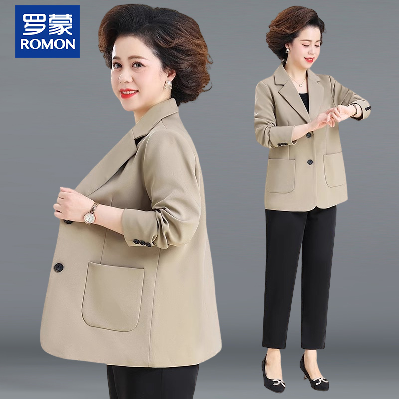 罗蒙妈妈装秋季休闲小西服新款中年高档上衣中老年女时尚宽松外套