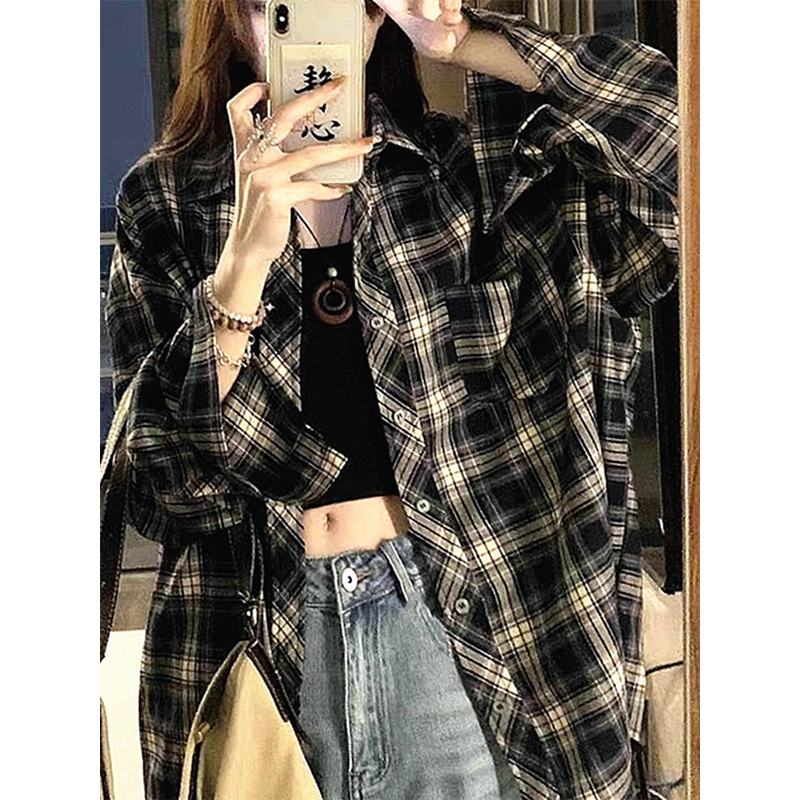 格纹港风衬衫复古冷淡风长袖防晒衬衣男款夏季宋雨琦同款格子外套