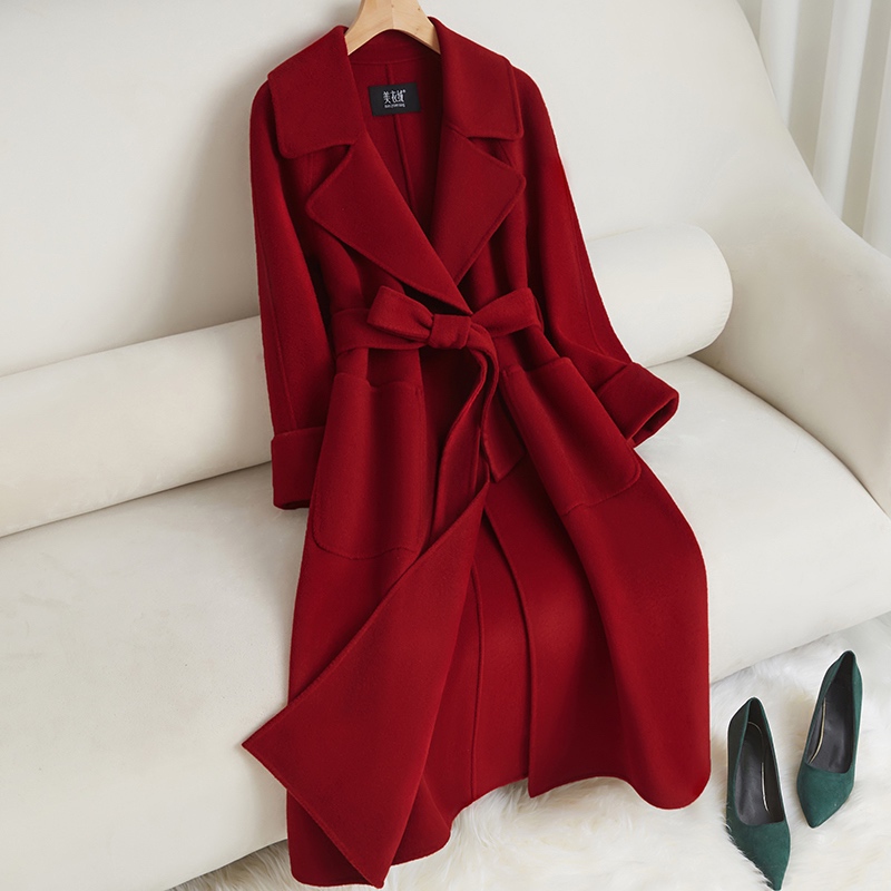 拉菲红双面羊绒大衣女秋冬2025新款韩版高级感气质中长款毛呢外套