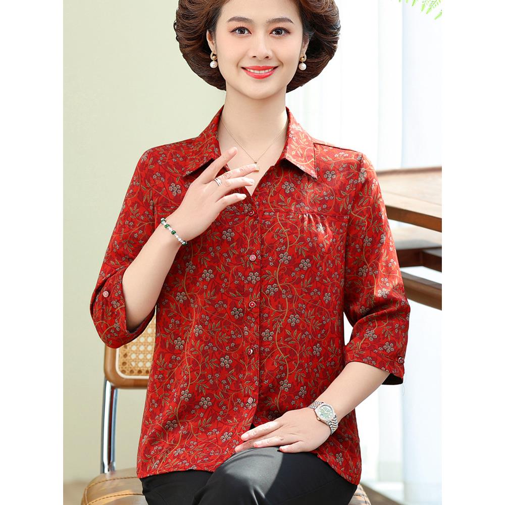 妈妈春夏装新款长袖真丝衬衫女50岁60中老年上衣婆婆奶奶印花衬衣