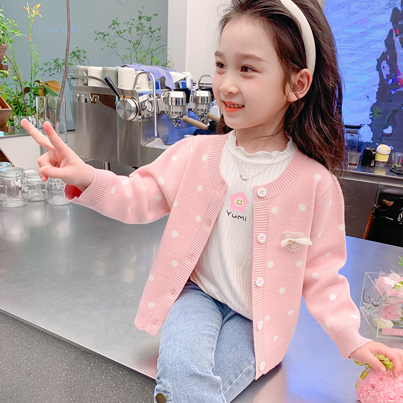 1童装秋冬装女童加绒加厚毛衣韩版儿童针织开衫外套圆点休闲K2319