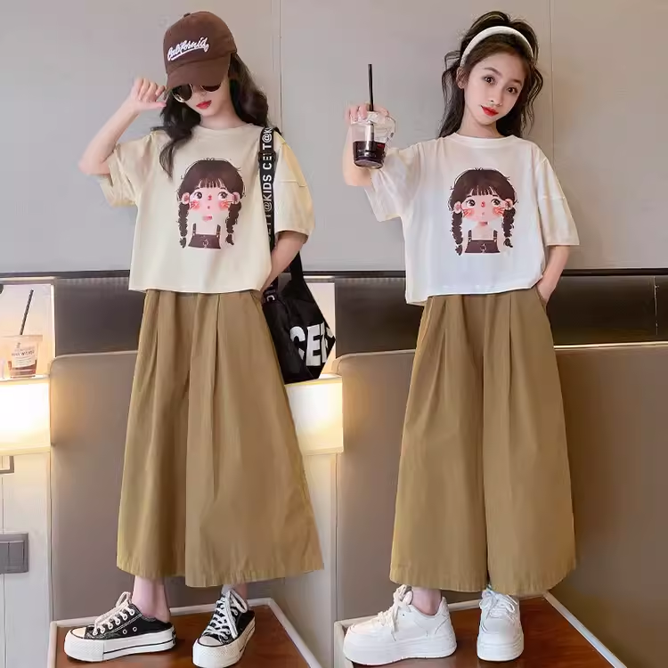 女童夏装套装2025新款儿童短袖阔腿裤时髦洋气夏季女大童运动童装