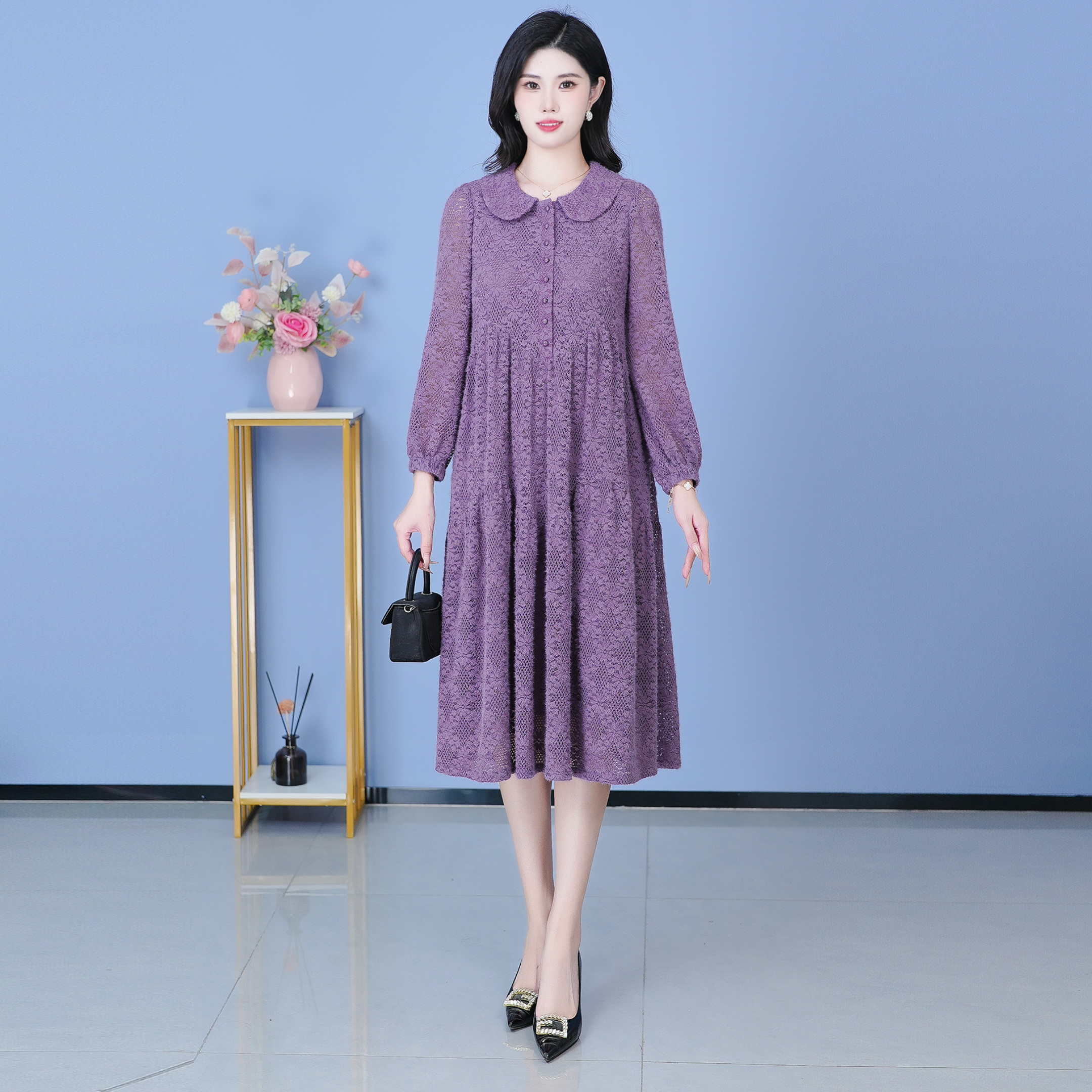 【SJYF2122】早秋新款连衣裙中长款气质中式收腰印花修身女装连衣裙