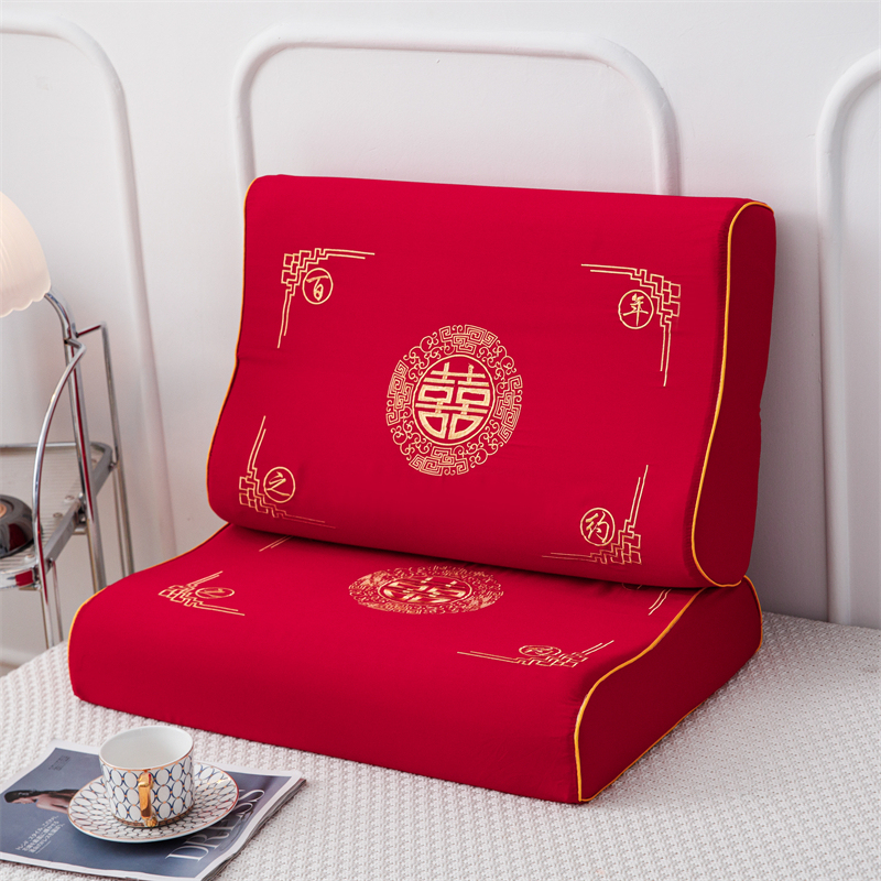 水星家纺适用新红婚庆乳胶枕情侣结婚防螨大红色透气加厚枕头枕芯