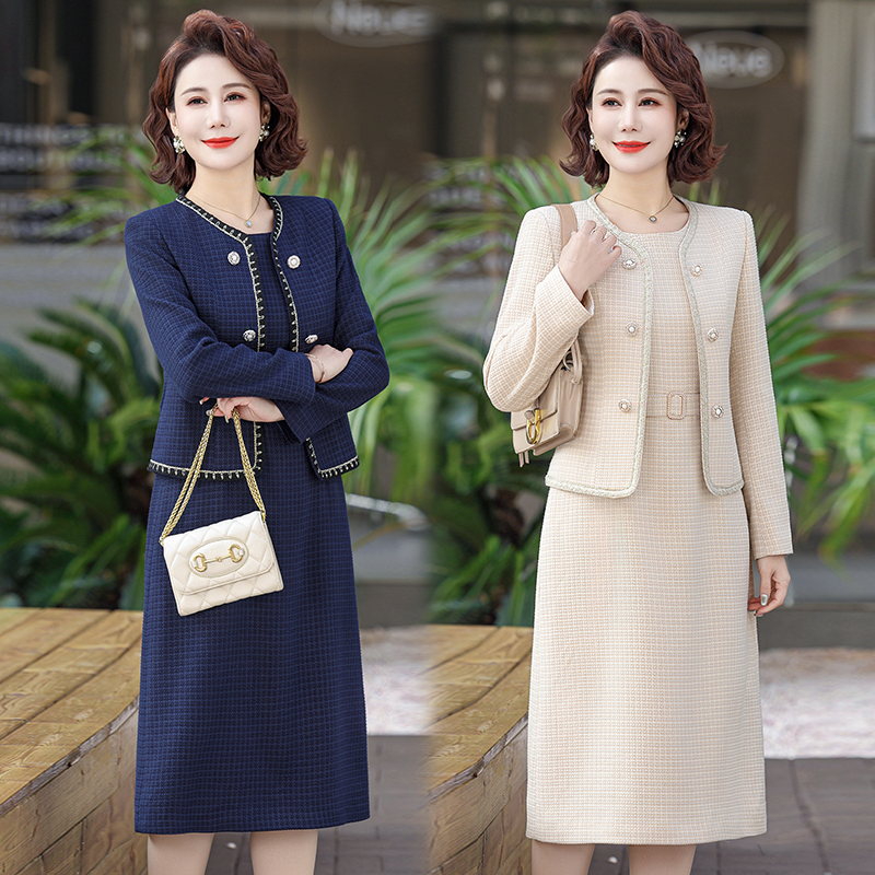妈妈装春秋季长袖连衣裙两件套50-60岁新中老年女装时尚洋气裙子