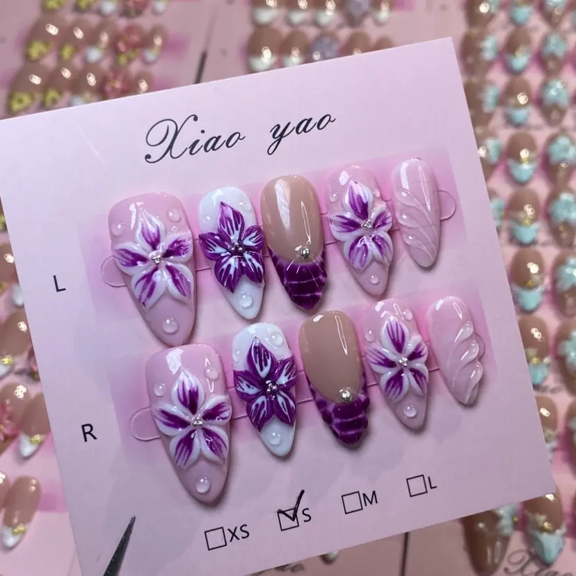 3D立体花朵法式白边粉色豹纹穿戴式美甲假指甲穿戴甲甲片美甲片