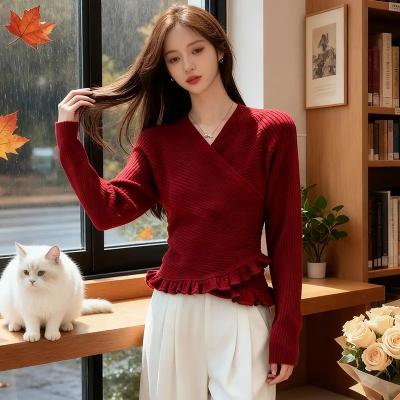 优雅气质氛围感木耳边设计V领针织衫女秋冬收腰显瘦系带保暖上衣