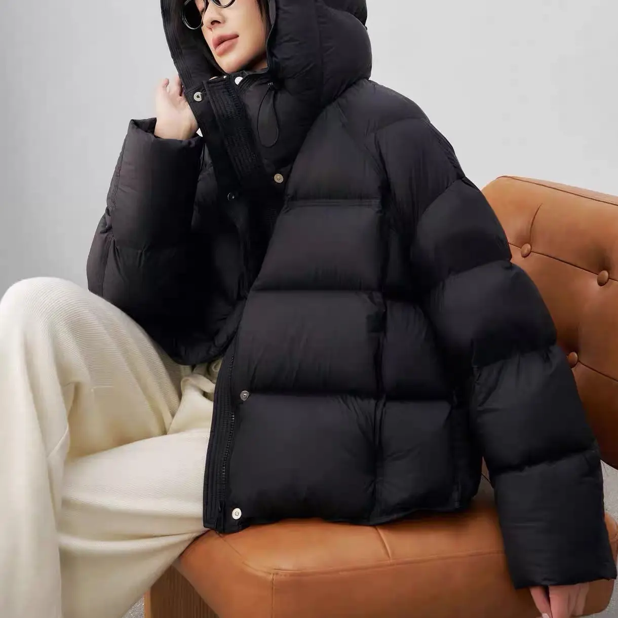 韩版气质泡芙连帽羽绒外套女冬季新款白鸭绒短款加厚保暖外套潮