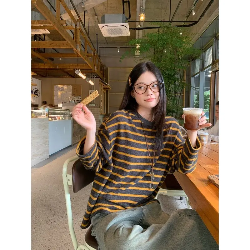 条纹内搭打底衫女2025秋冬宽松慵懒松弛感chic长袖T恤软糯上衣厚