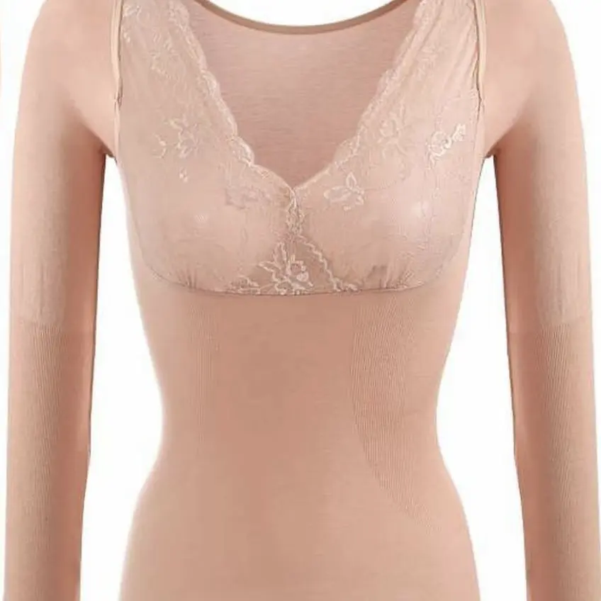 女士蕾丝性感带胸垫发热保暖内衣套装秋冬修身美体打底