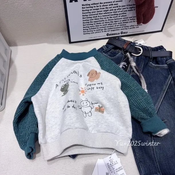 冬季韩版插肩袖卡通圆领加绒加厚百搭卫衣
