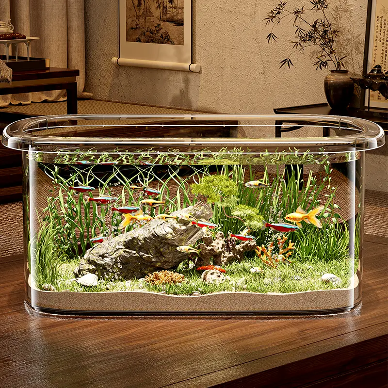 透明生态鱼缸新款小型客厅桌面仿玻璃生态高透金鱼乌龟方形饲养缸