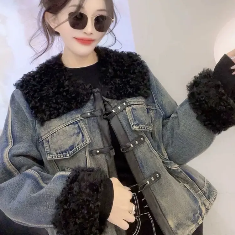 加棉卷毛复古牛仔外套