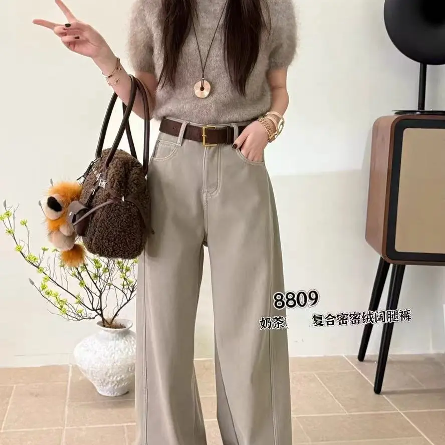 利君家冬季加绒高腰直筒阔腿显瘦牛仔裤配腰带裤长98cm