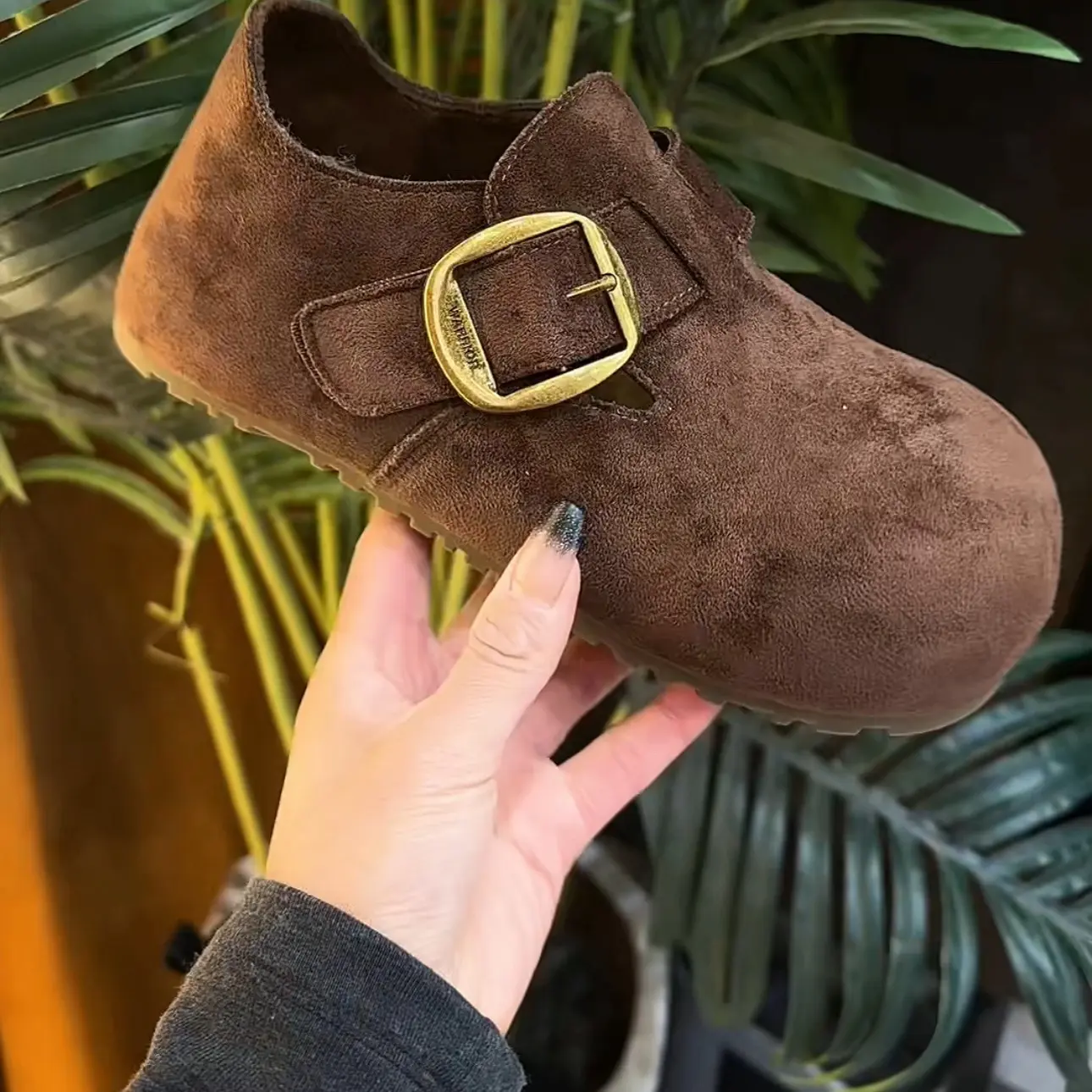 内增高豆豆鞋 羊羔绒勃肯鞋不打滑不掉跟扣带复古魔术贴两穿