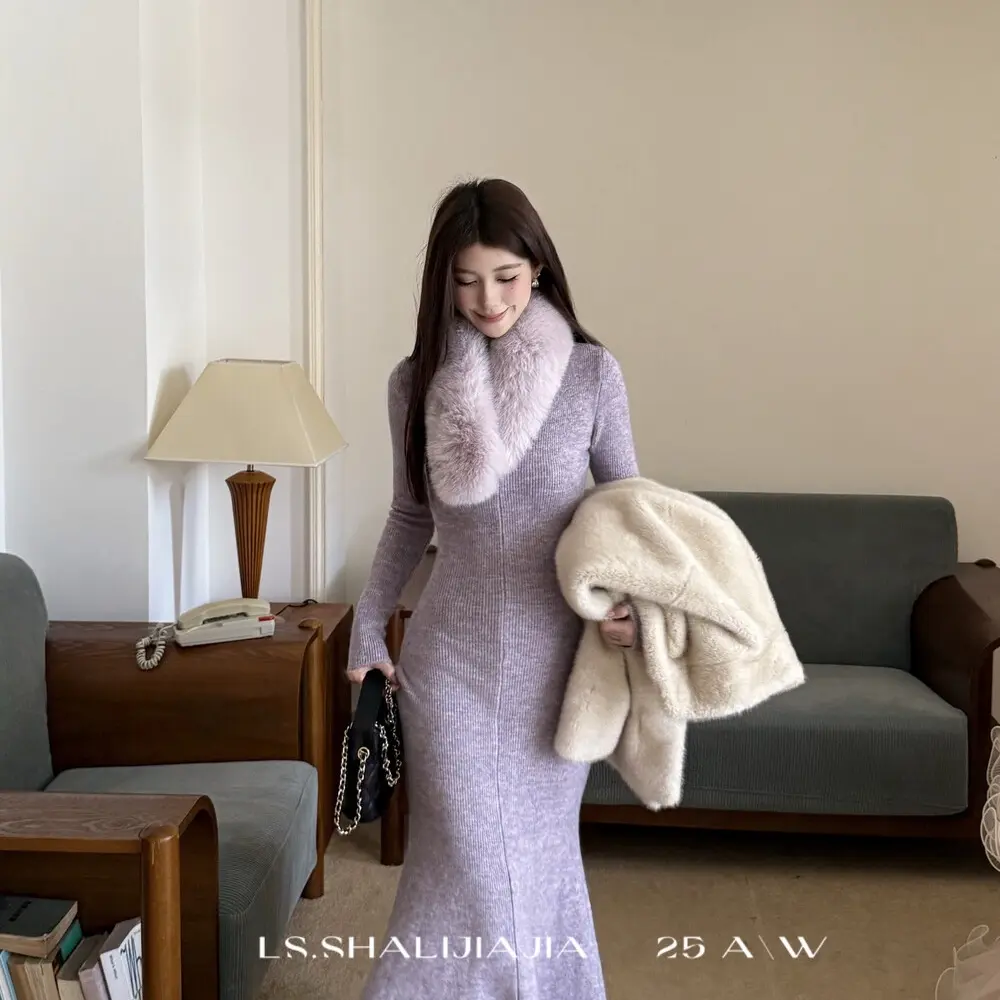 冬气质优雅百搭纯欲风修身可拆环保毛毛领鱼尾连衣裙针织鱼尾长裙