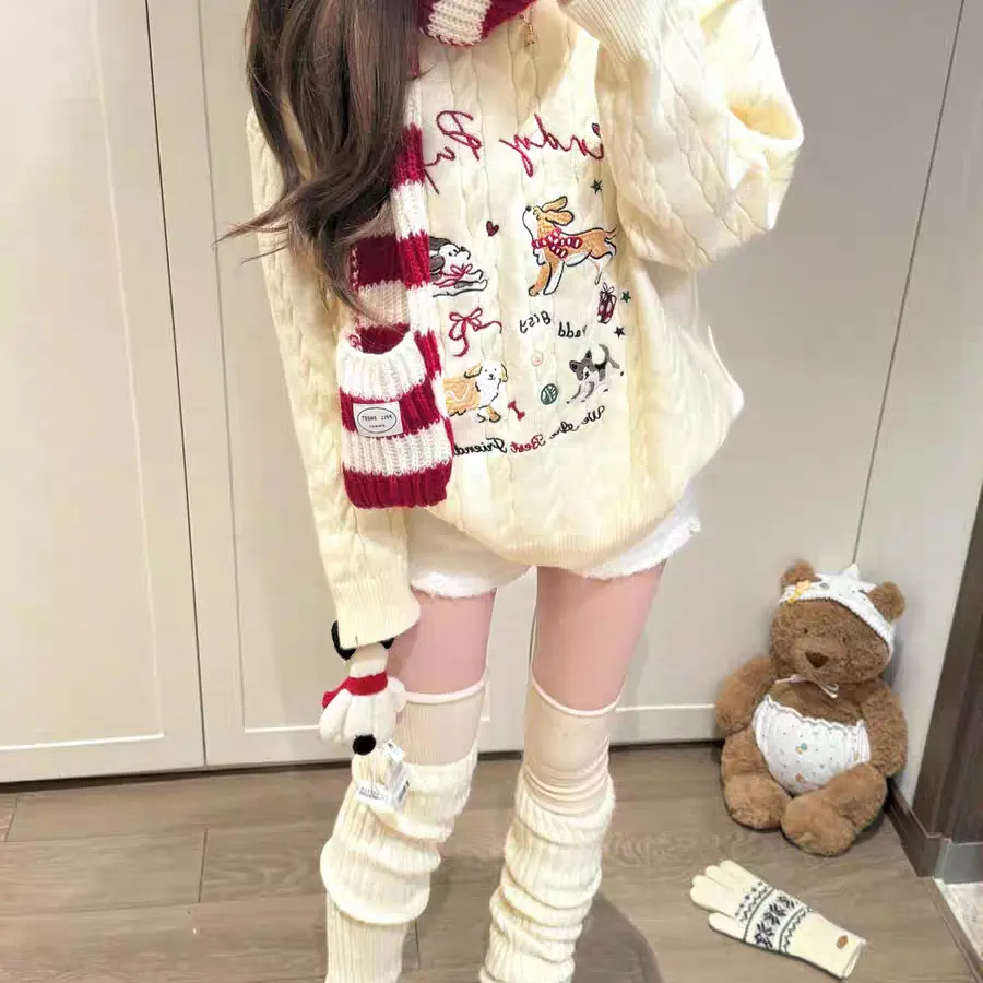 可爱小狗刺绣麻花圆领套头毛衣女秋冬宽松慵懒针织衫运动上衣冬季