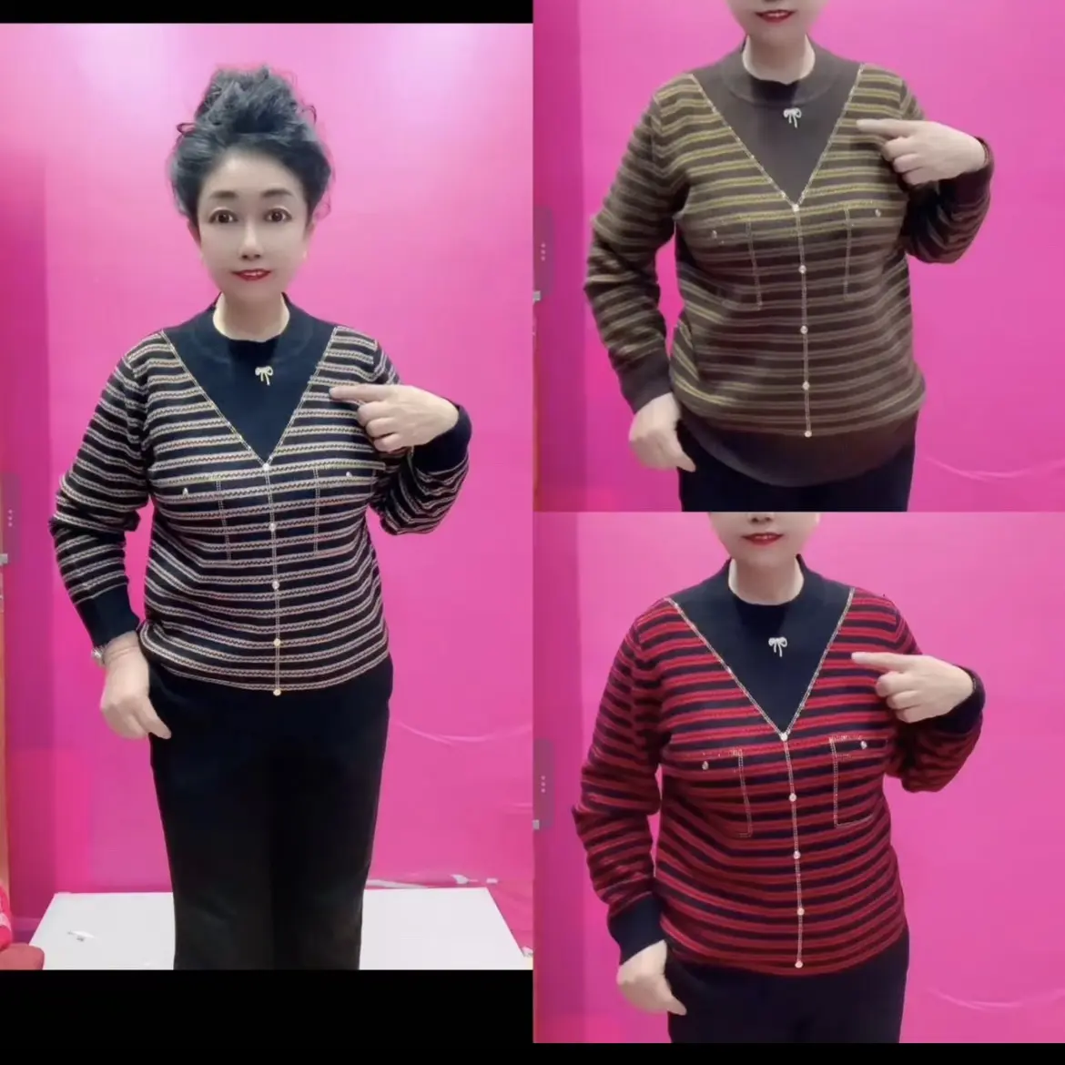 妈妈加绒加厚毛衣秋冬新款半高领条纹中老年针织保暖打底衫上衣