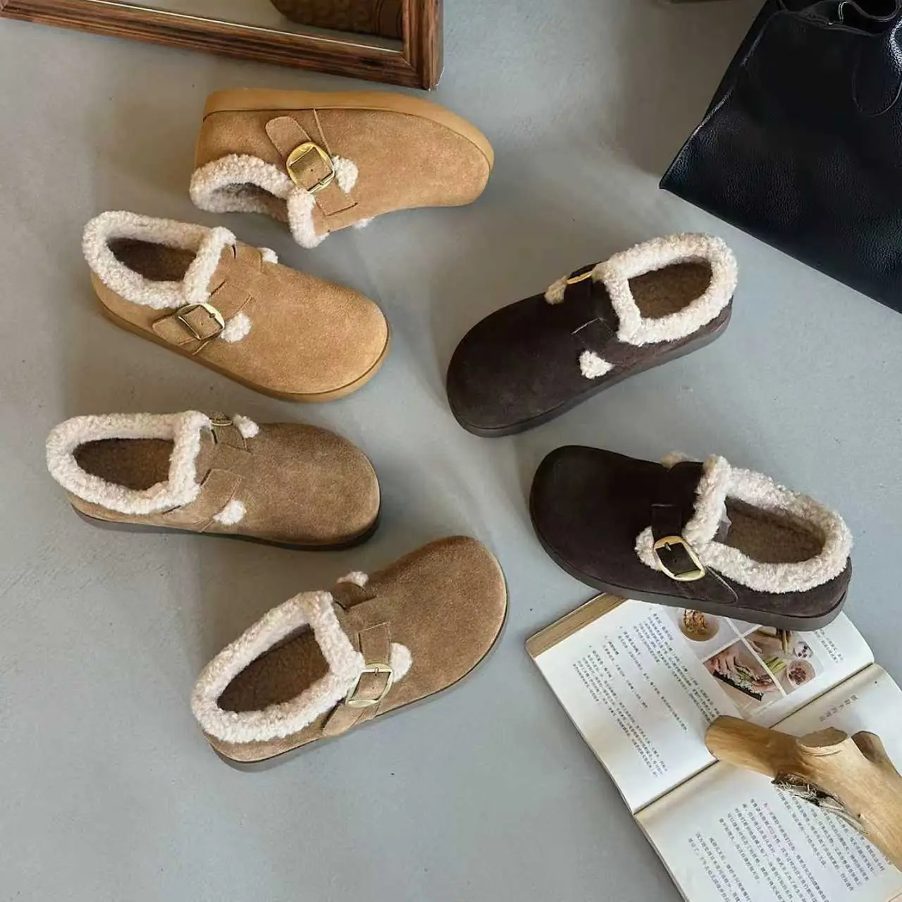 厚底加绒勃肯鞋女一脚蹬保暖毛毛鞋舒适百搭软底防滑二棉雪地靴