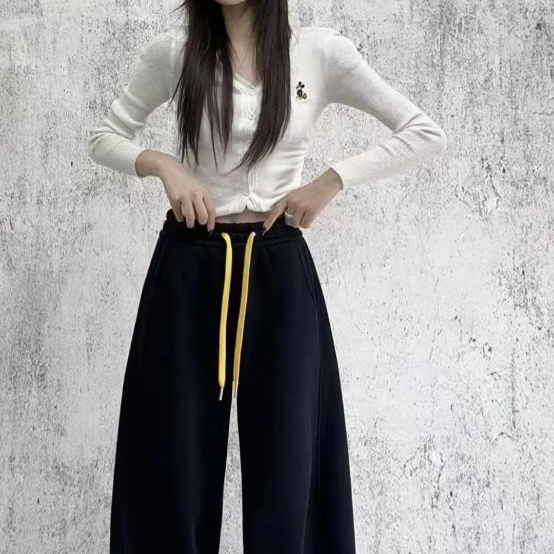 加绒显瘦拼色弯刀休闲裤秋冬加厚松紧腰保暖时尚百搭休闲裤