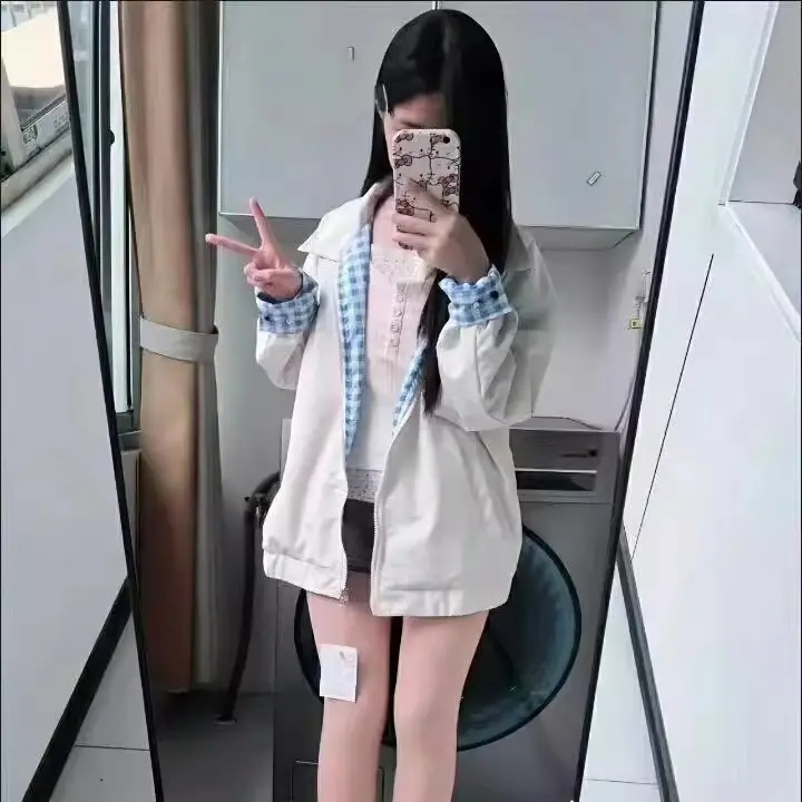 格子学院风翻领简约秋季女短外套秋季印花muji风