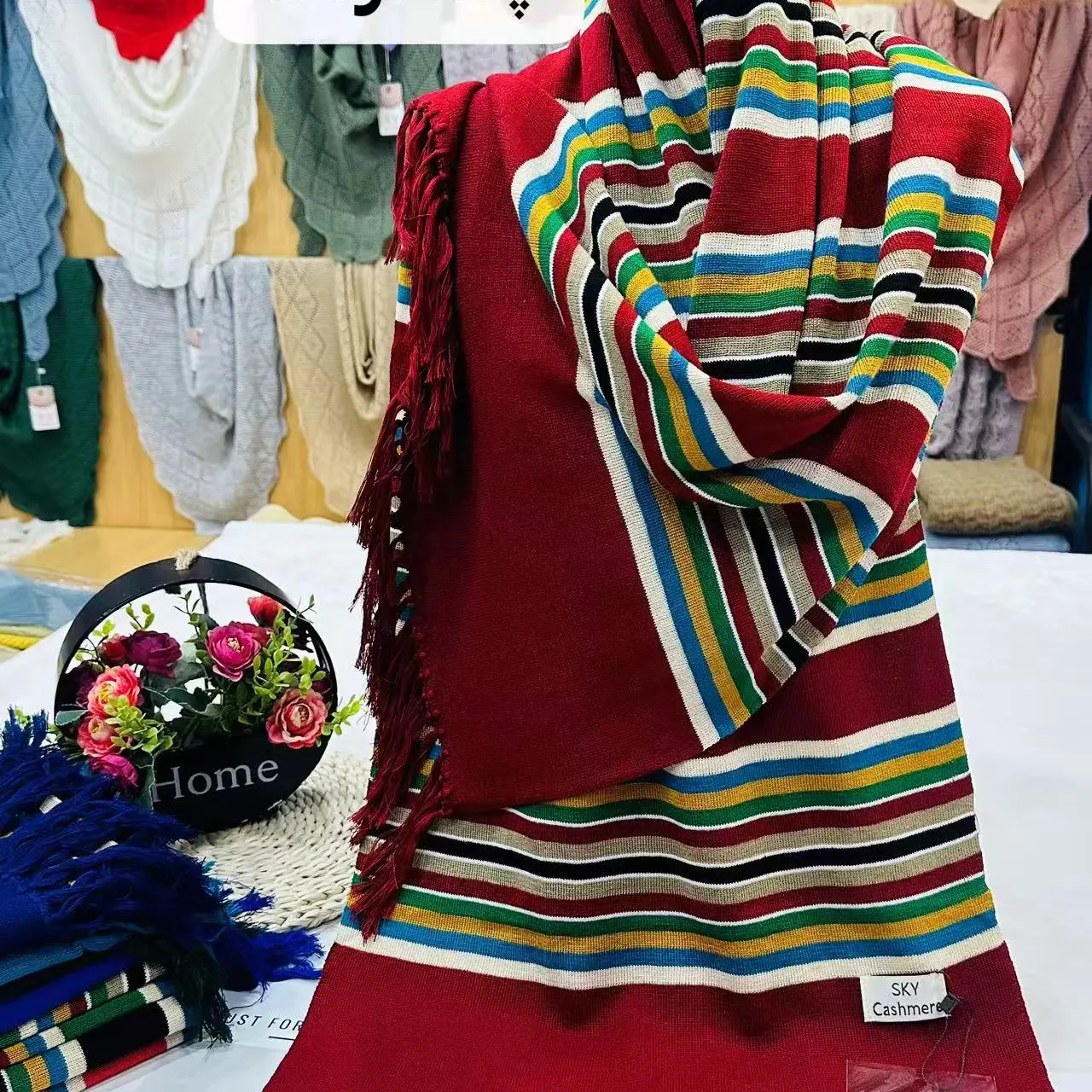 民族风围巾冬季条纹流苏复古百搭保暖气质长方形女士彩虹色