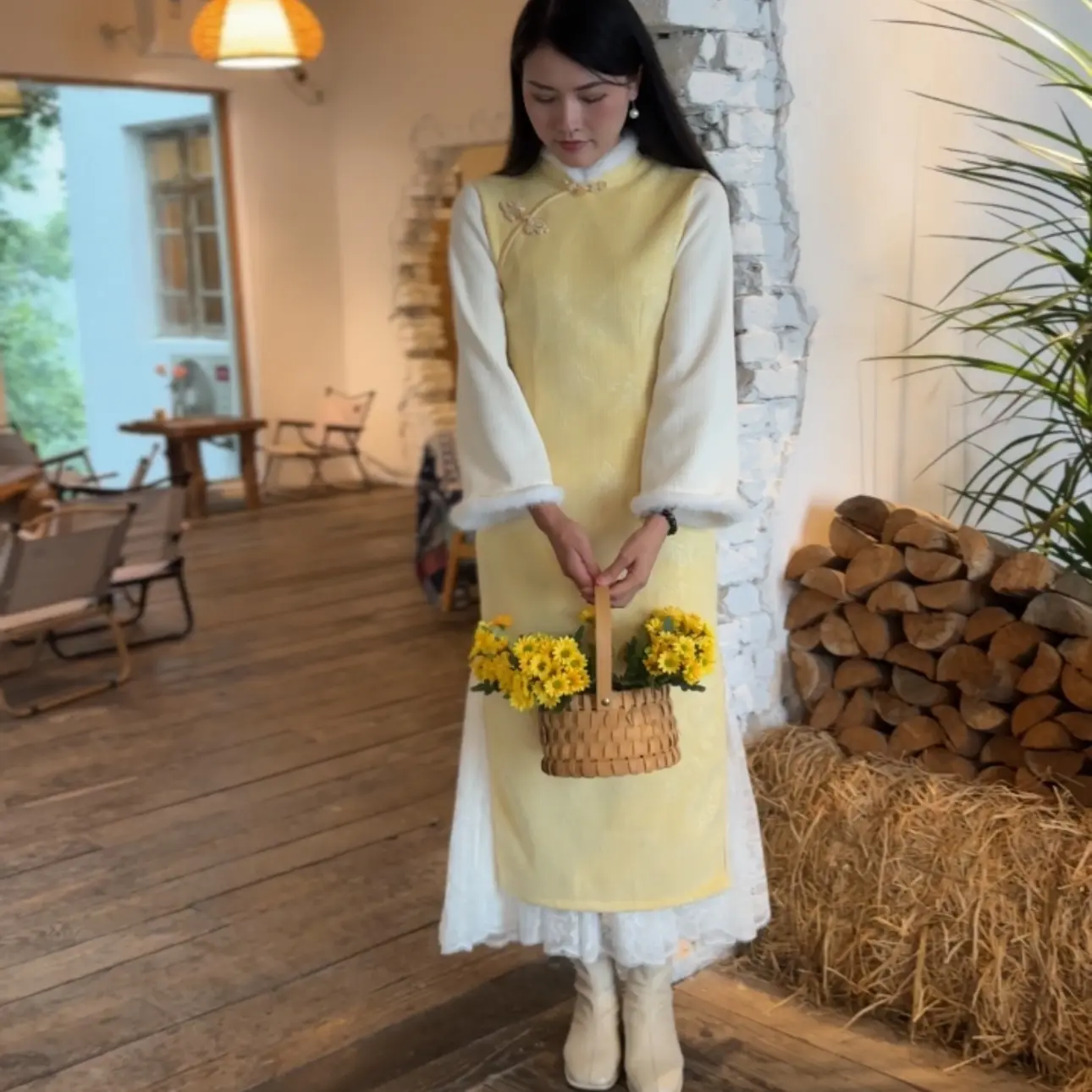 旗袍毛绒加绒日常少女风蝴蝶扣秋冬长袖提花百搭花纹