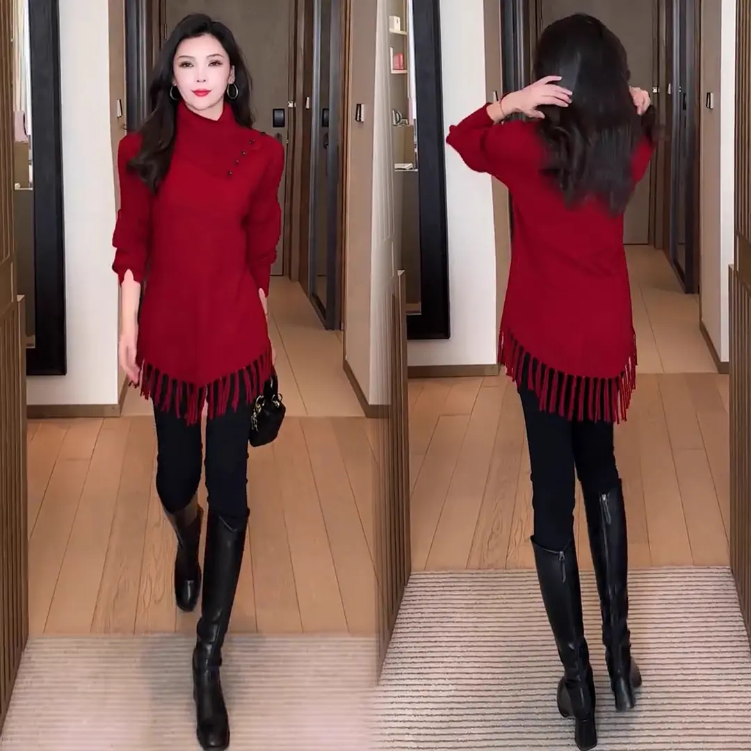 时尚高领流苏毛衣女2025冬季新款洋气显瘦中长款百搭保暖针织衫潮