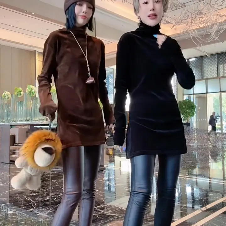 欧洲站爆款上衣女秋季新品极简风高领两侧开衩中长款丝绒衫