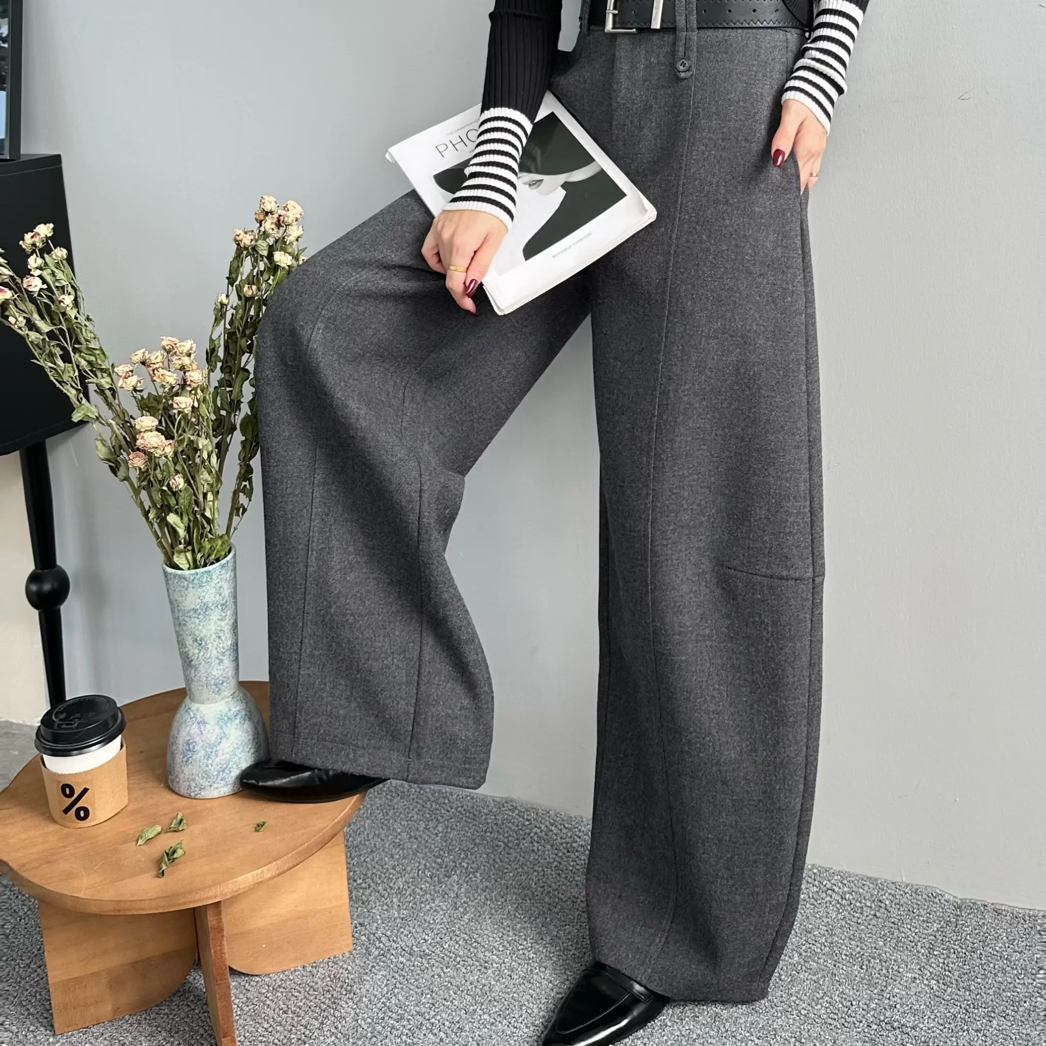 《木兮木》2025新款韩版简约阔腿裤女秋冬季休闲百搭直筒弯刀