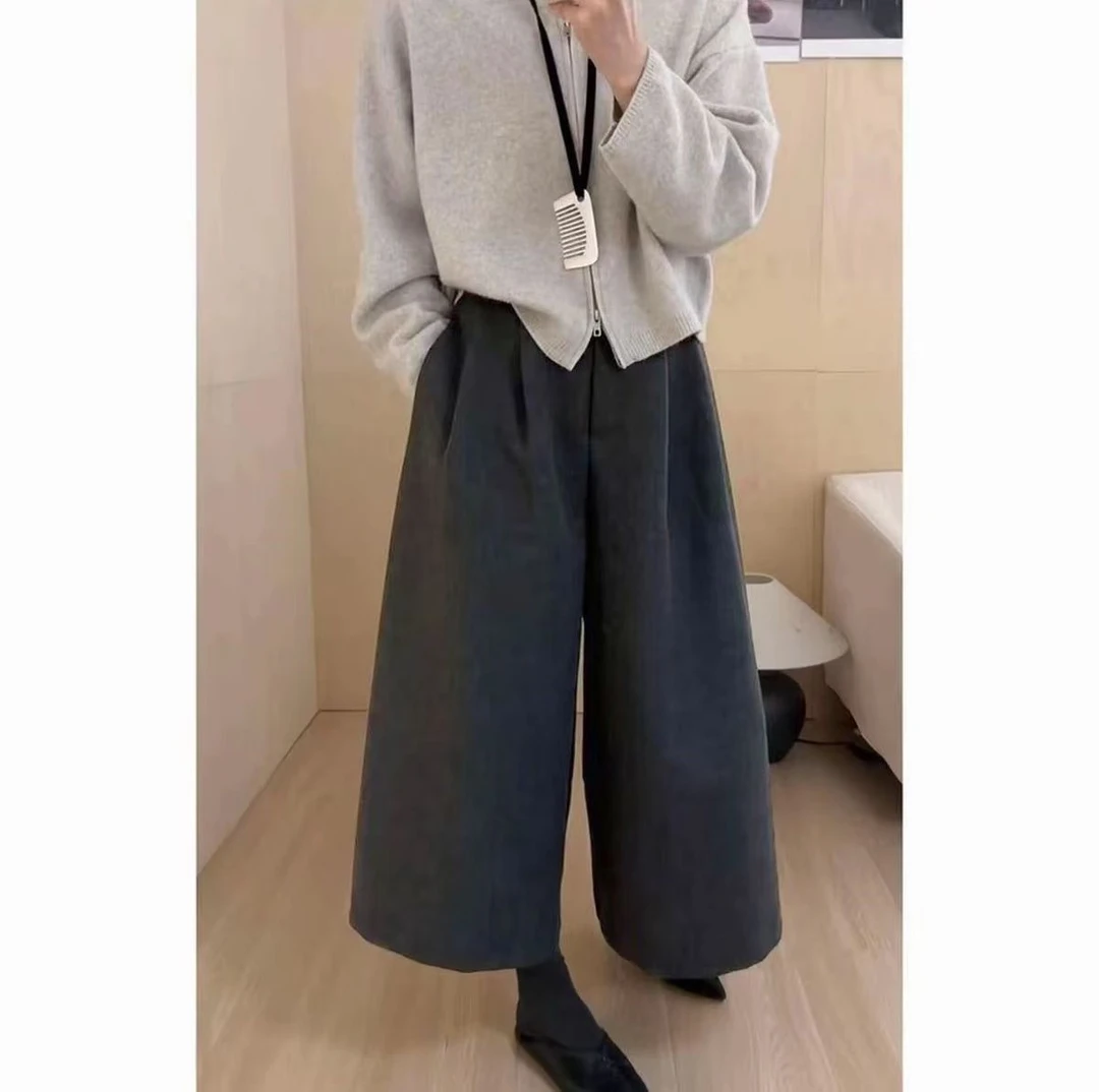 2025新款阔腿八分裤纯色厚款慵懒风拼接毛呢裤女装秋冬季裤子