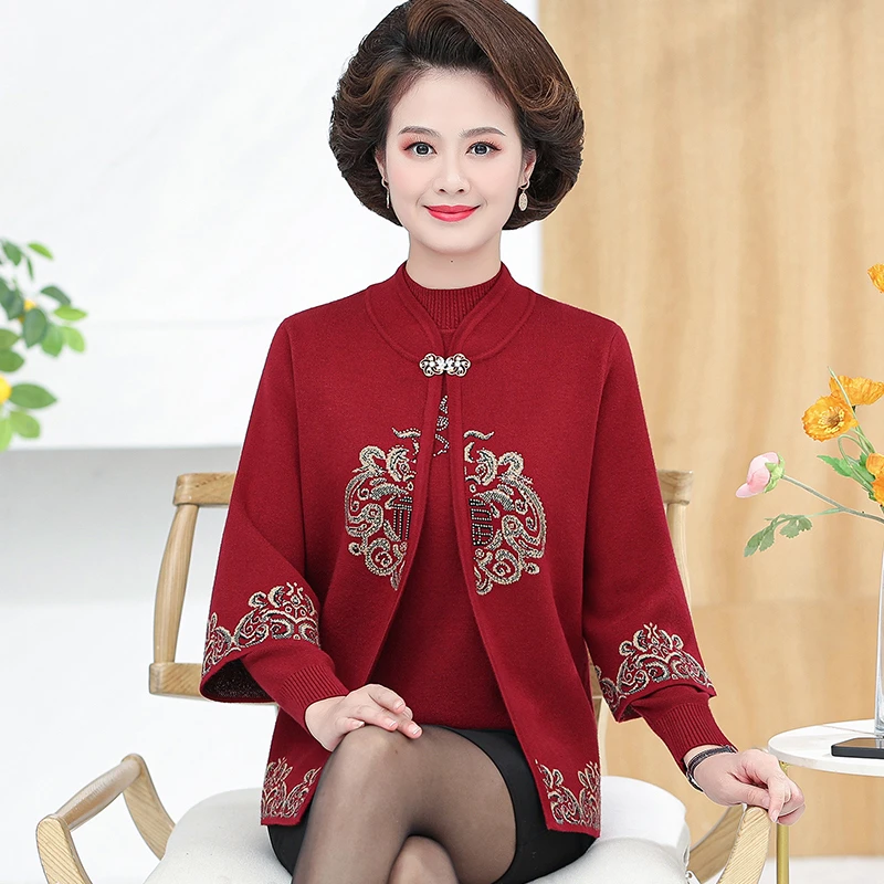 罗蒙中老年秋冬女妈妈新款两件套装奶奶新中式红色毛衣针织衫外套