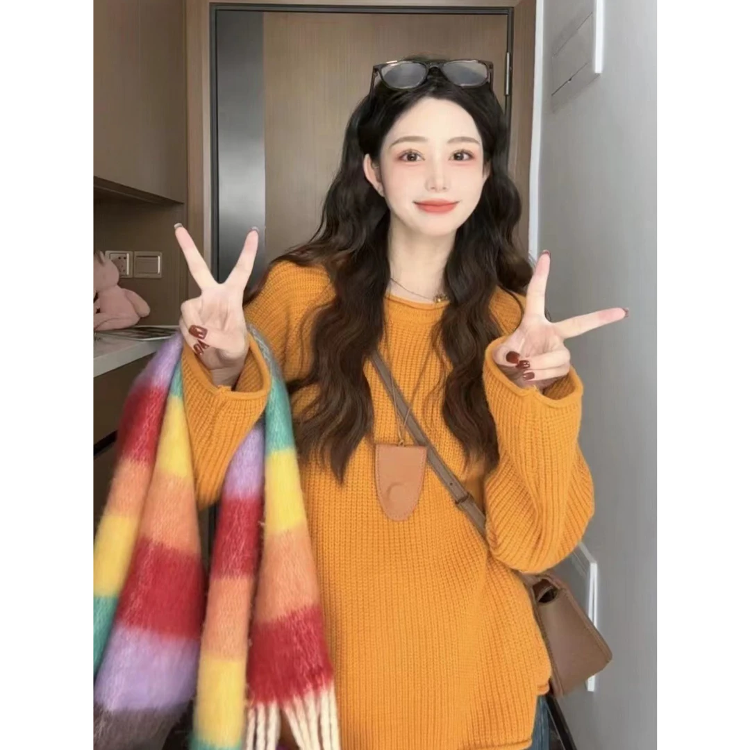 孕妇上衣慵懒风时尚南瓜橘针织圆领软糯春秋毛衣显瘦百搭孕妇装