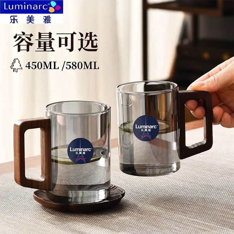 乐美雅高硼硅玻璃杯家用耐高温喝水杯子胡桃木把中式高档水壶茶杯