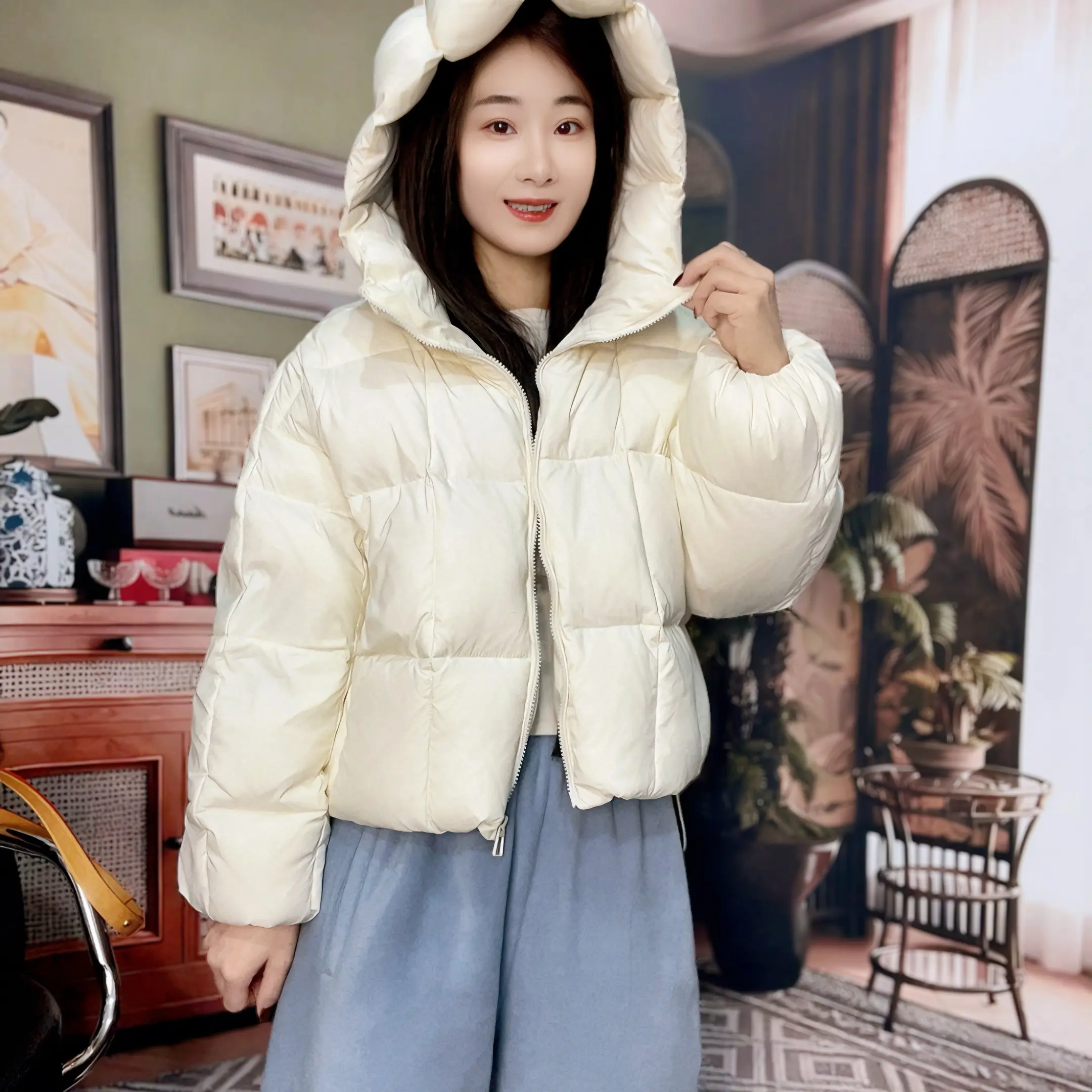 冬季新款保暖羽绒服龟背立体方格连帽休闲百搭面包服外套