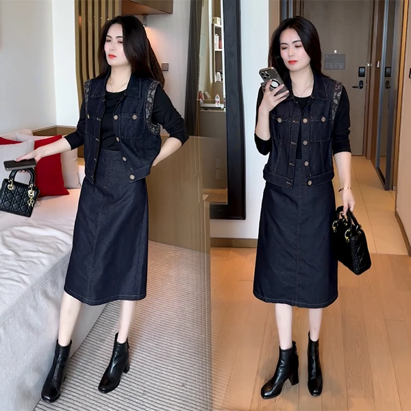 2025秋季新款时尚洋气穿搭气质休闲显瘦收腰减龄长袖牛仔套装