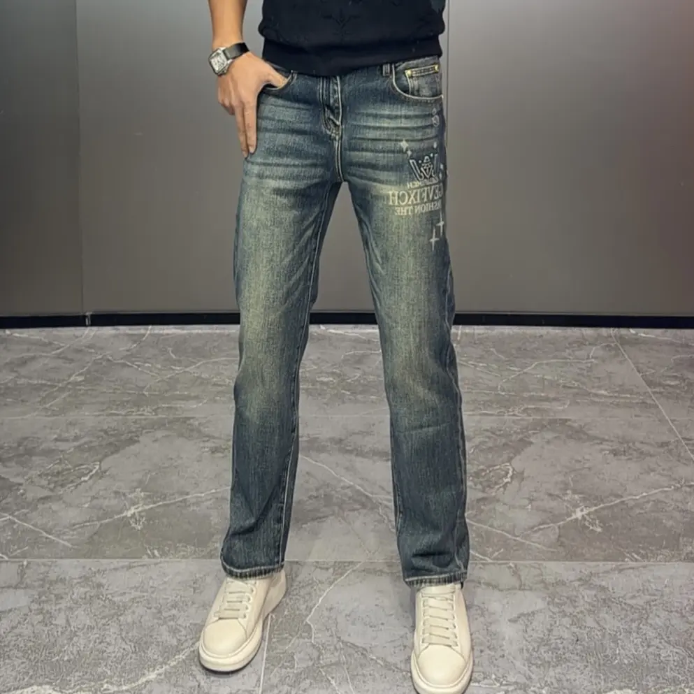 秋冬蓝色水洗百搭美式休闲风时尚显瘦微宽直筒牛仔裤KW2275