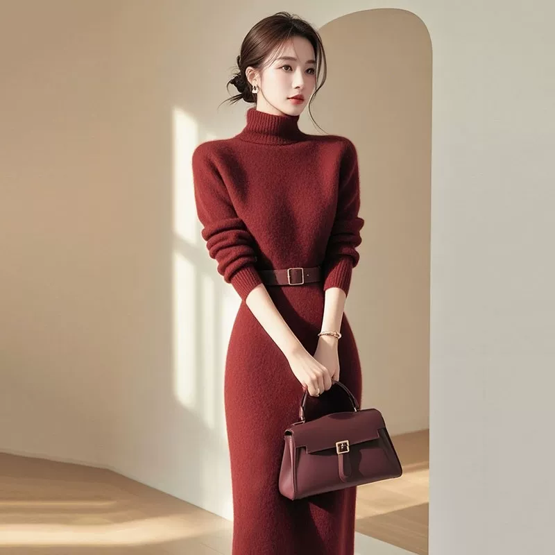 富家千金高级感圣诞穿搭红色收腰连衣裙2024新款女秋冬洋气质长裙