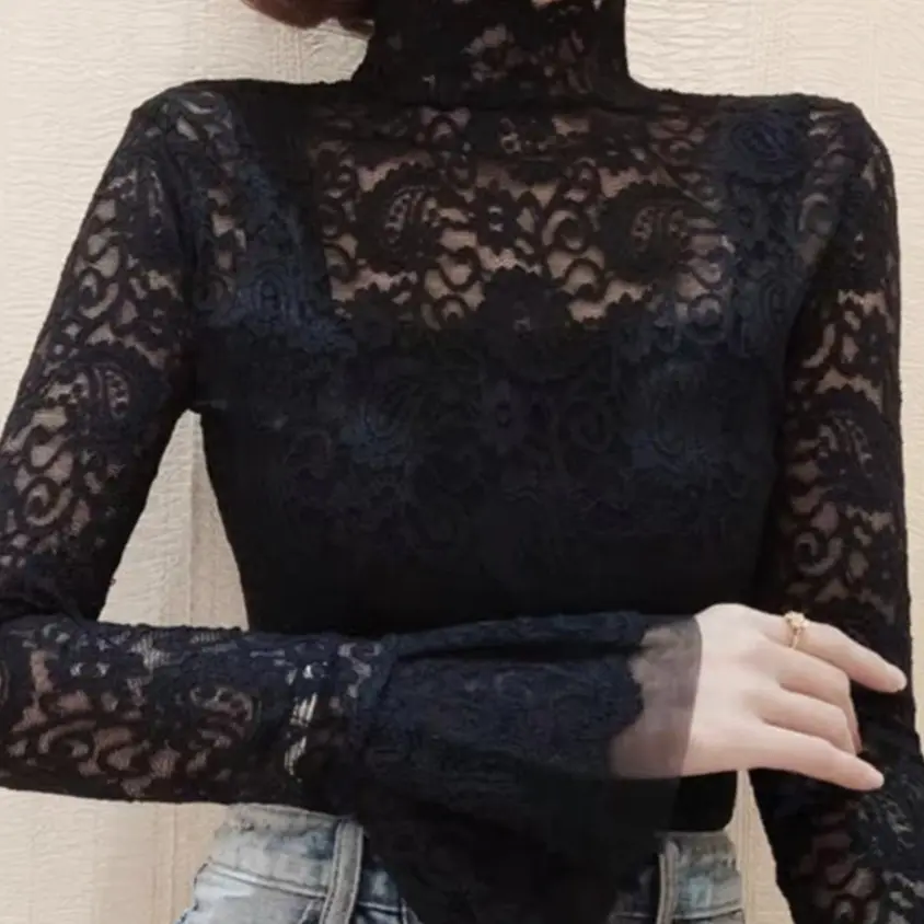 女士秋冬百搭蕾丝半高领网纱长袖内搭洋气加绒打底衫