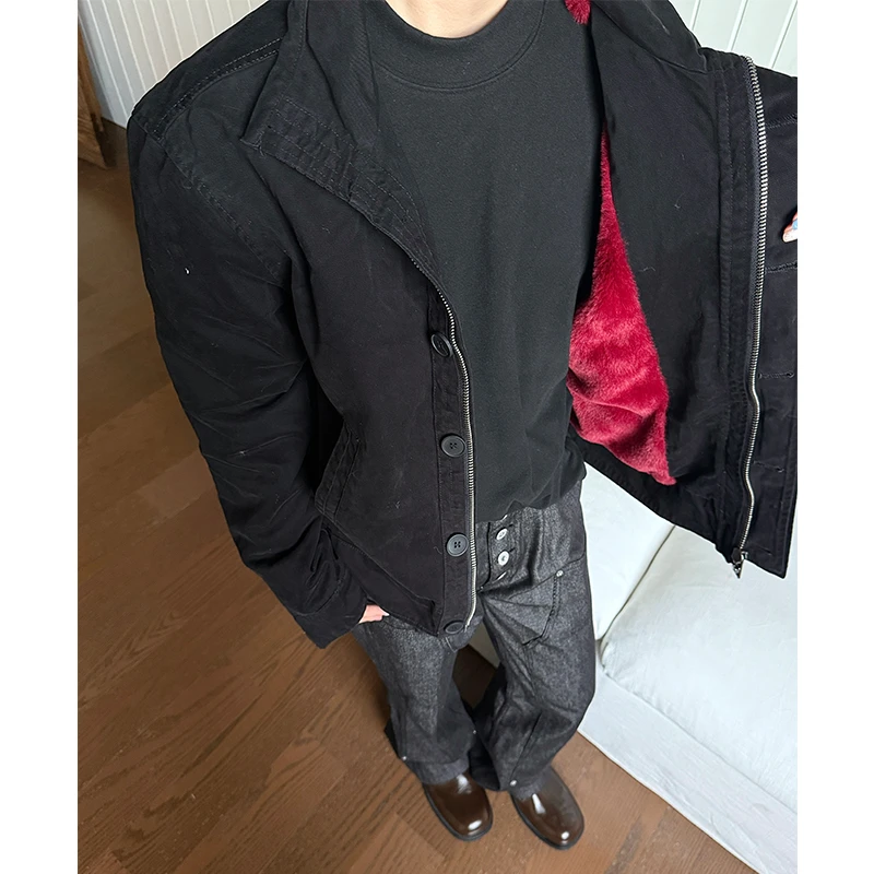 LIGGICC军款AF仿兔毛重水洗座山雕剪裁解构立领夹克冬季加厚外套