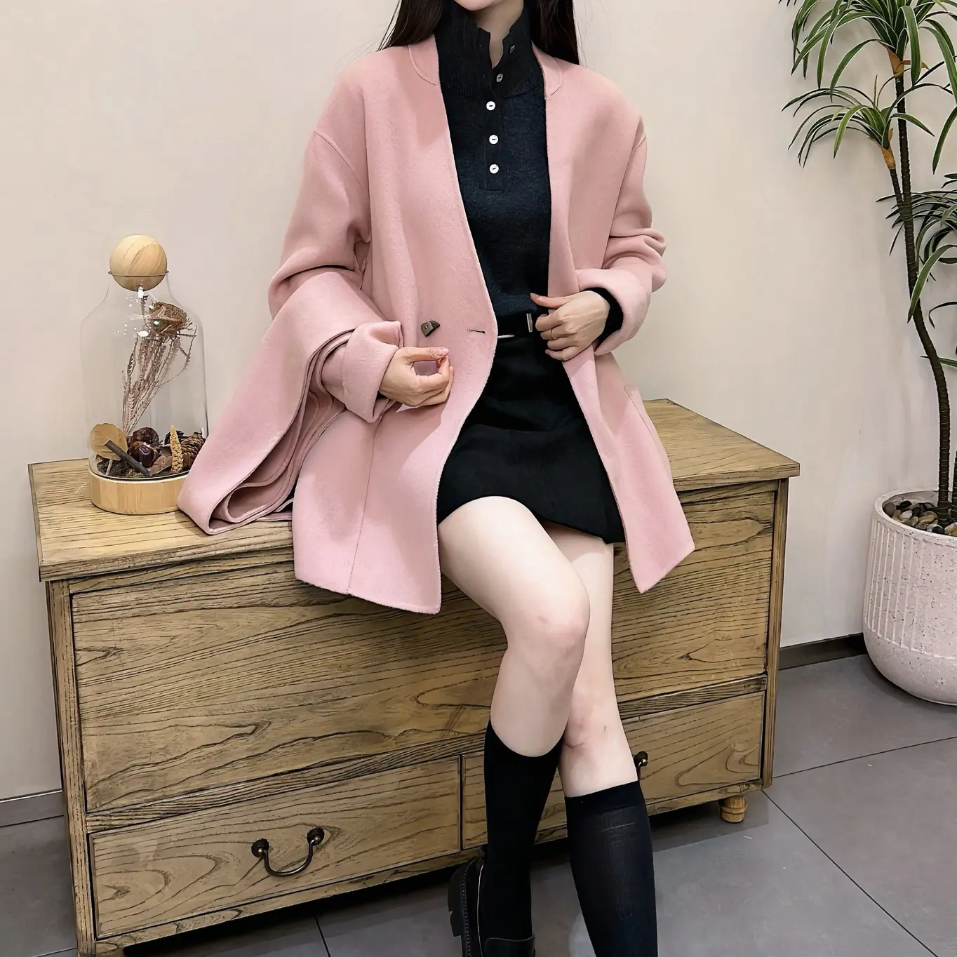 冬季新款双面呢时尚千金风带围脖毛呢外套